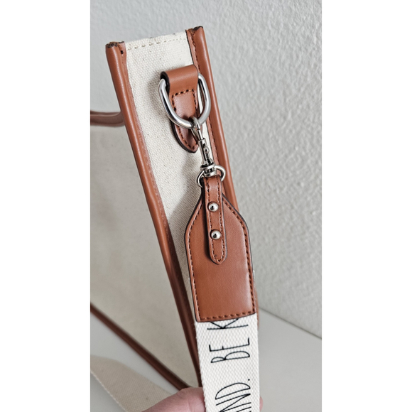 RAE DUNN BE KIND Shoulder Strap Satchel Tan Canvas Brown Leather - Very Clean - Picture 4 of 13